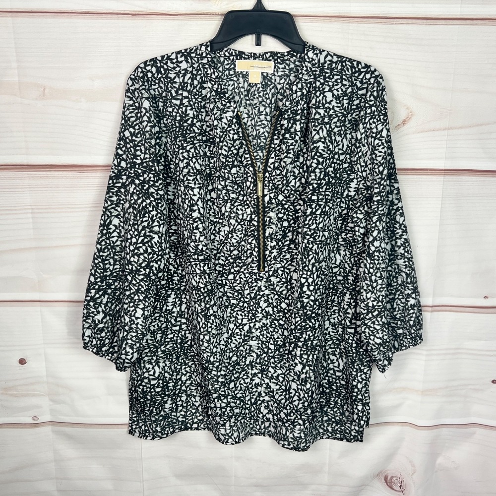 Michael Kors Top Womens Size 10 Black Floral Blouse 1/2โ Zipper 3/4 Sleeve Woven